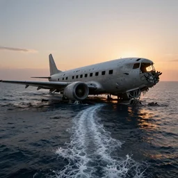 a destroyed and crashed airplane on the ocean at sunrise, path traced, hyperrealistic, concept art, octane render, unreal engine 5, dramatic lighting, cinematic, 8 k hdr, highly detailed, high quality, film scene, cinematic, high coherence, high contrast