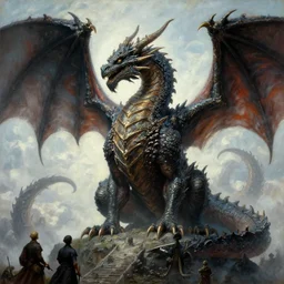 A majestic colossal gothic dragon in an epic scene, by Ralph McQuarrie, by Hal Foster, by Wayne Barlowe, masterpiece, oil on canvas, trending on artstation, top on pixiv, cinematic composition, dramatic scene, beautiful lighting, sharp, high details, astrophotography, no frames, 8K