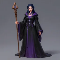 Pretty Sorceress, wearing Black and purple robes, Dark blue hair, magic wooden staff, fully covered, High fantasy, love interest, trending by artstation, artstationhd, artstationhq, matte painting