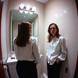 ultra wide angle photo of ellen page dressed in a white blouse and black dress pants looks at herself in a bathroom mirror and sees her reflection as a male version of her self