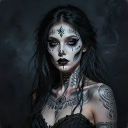 hyper realistic portrait painting, beautifully rendered, gorgeous young goddess of death with ceremonial markings and ritualistic tattoos painted by greg rutkowski, wlop, artgerm, dishonored 2, dark and moody, black smoke