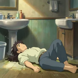 bathroom, an old man falls on the floor,anime scenery by Makoto shinkai