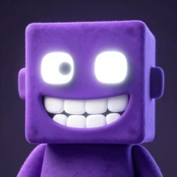 portrait of a creature with a blocky head, white teeth glowing cartoonish smile, white glowing blocky eyes and purple skin, digital art, ultra realistic, ultra detailed, art by greg rutkowski, goofy, cute