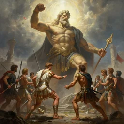 highly detailed painting of julius caesar fighting a looming demigod, dramatic, sense of scale, stephen bliss, unreal engine, greg rutkowski, ilya kuvshinov, ross draws, hyung tae and frank frazetta, tom bagshaw, tom whalen, nicoletta ceccoli, mark ryden, earl norem, global illumination, god rays, idyllic