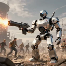 robot with minigun kill people ultra 4k realistic art