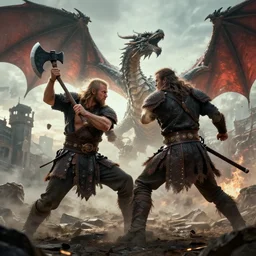 a barbarian wielding an axe fighting a dragon