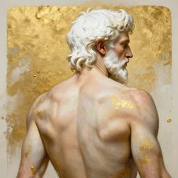 painted back portrait of rugged zeus greek god by greg rutkowski craig mullins artgerm alphonse mucha, very very messy splashed gold paint, white hair handsome muscular upper body mature flowing robe [ ancient greek motifs ] background fantasy intricate elegant detailed digital painting concept art artstation sharp focus illustration