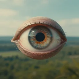 a floating human eye at a landscape. craiglist photo, movie still, avengers