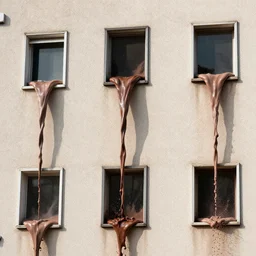 a wall of a building with a stream of chocolate milk coming out from the windows