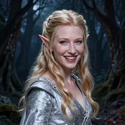 portrait of dangerous, playful, mischievous  young Galadriel (Cate Blanchett) as a queen of elves, dressed in a refined silvery garment. The background is a dark, chilling eastern europen forrest.  night, horroristic shadows, contrasts, (((lumnious))), theatrical, character concept art by ruan jia, thomas kinkade, and J.Dickenson, trending on Pinterest