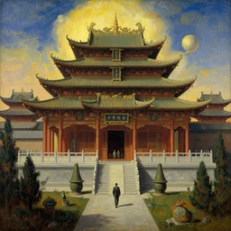 taoism, temple, futurism, painting by gaston bussiere, greg rutkowski, j. c. leyendecker, artgerm