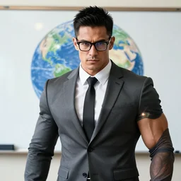 muscular man in suit with short black hair and glasses, whiteboard with picture of earth in background, hyperrealism, 8 k, lens flair, intricate