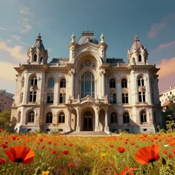 a beautiful photorealistic highly detailed courthouse abandoned by antoni gaudi, postcyberpunk meadow thermal imaging landscape azeroth poppy futuristic, archdaily, wallpaper, highly detailed, trending on artstation.