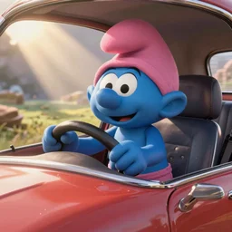 Papa Smurf driving a car and Dr Dré rides shotgun