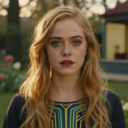 Elle Fanning, head and shoulders masterpiece, in hell, golden hour, in a garden, artstation, in the style of Art Deco and Edward Hopper and Bosch, extremely detailed