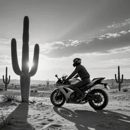 black and white drawing of desert with cactus and someone driving on a yamaha motorbike at sunset