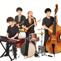 manga illustration of a 5 man band, a keyboard player a guitarrist a drummer and a singer and a bassist