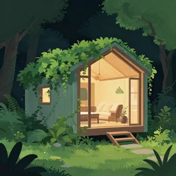 ( ( dither ) ), editorial illustration, angled view, cozy cabin designed by zaha hadid, lush overgrowth, night, foliage, vines, flowers fog, colorful modern, mads berg, karolis straututniekas. ( ( christopher balskas ) ), lomography, dramatic lighting,, wood block print
