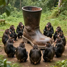 photo still of apes circling around a giant boot surrounding giant boot giant boot middle of circle of apes apes around a giant boot giant boot boot boot boot!!!!!!! giant boot!!!!!!!!, 8 k 5 2 mm f 5. 6