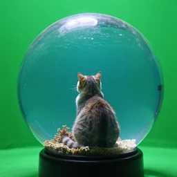 the cat is sitting inside of a large glass sphere in front of a green screen looking up from deep in the ocean photoreal