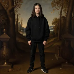 portrait of a long black haired teenager with a playstation black hoodie, full body, renaissance painting, ultra detailed, high resolution, masterpiece