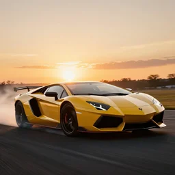 epic professional digital art of a lamborghini aventador drifting, sun is setting behind lamobrghini, best on artstation, cgsociety, wlop, Behance, pixiv, cosmic, epic, stunning, gorgeous, much detail, much wow, masterpiece