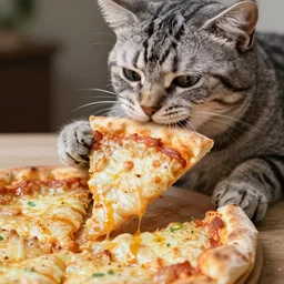 cat eating a slice of cheesy pizza, cat eating, eating a pizza, paws holding pizza, cat eating a slice