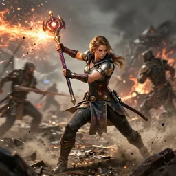 dragon age character wynne, holding magical staff, shooting magic, middle of battle, battle damage, mid fight, full body, epic, d and d, cinematic, dynamic lighting, concept art, rich color, bioware, by greg rutkowski