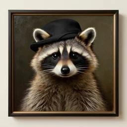 a magritte painting masterpiece exposed in Paris : a racoon with a hat , This 4K HD image is Trending on Artstation, featured on Behance, well-rendered, extra crisp