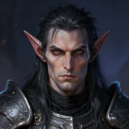 head and shoulders portrait of an eldrich knight, drow, dark elf, shadar kai, armored, magical, male, high fantasy, d & d, by boris vallejo, face details, extremely detailed, digital illustration