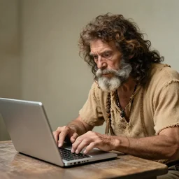 old photo of a caveman using a laptop computer