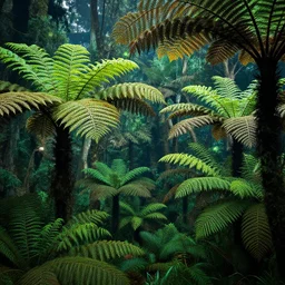 forest of giant ferns, vibrant, from a sci - fi novel cover, in the style of no man's sky