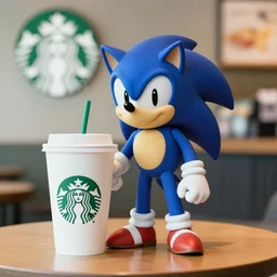 Sonic having a cup of tea at starbucks. Beautiful composition, hyperrealistic, 50 mm f 1.2, medium shot, indoor smooth light