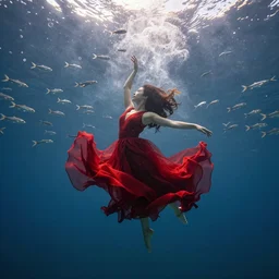 woman dancing underwater wearing a flowing red dress made of seaweed, swirling smoke and thousands of silver fish in the background, octane render, caustics lighting from sunlight above, cinematic