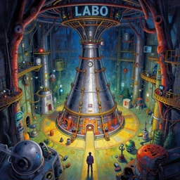 Colorful, creepy landscape painting of detailed interior of giant scientific research facility LABO, area N, nuclear reactor, floor B2, anime key visual by Craig Mullins