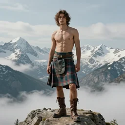 a homoerotic portrait by greg rutkowski and albert bierstadt and bill ward of a shirtless desi hiker on a mountain peak | he is wearing a revealing tartan kilt and leather boots | background is snowy mountains and clouds | detailed face, ethereal, dreamlike | trending on artstation