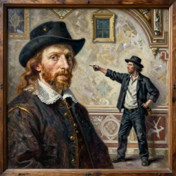 The renaissance of AI art by Rembrandt and Banksy, oil painting, masterpiece, hyper detailed, fresco on wood
