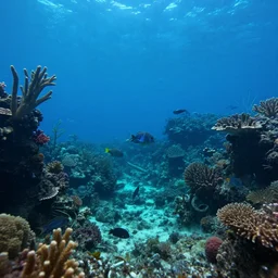 Alien fish swimming at the bottom of an ocean on an alien world, coral reefs and plant life around, azure water, cinematic perspective