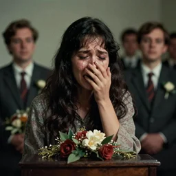 7 0 s film still from a horror movie about crying at a funeral, kodachrome, cinecolor, cinestill, film grain, film texture, retro, cinematic, high resolution, photorealism,