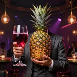 a pineapple wearing a suit and holding a large glass of port, nightclub, elegant, real life skin, intricate, high detailed, artstation, concept art, smooth, sharp focus, art by artgerm and greg rutkowski
