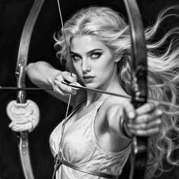 beautiful aphrodite goddess as an archer warrior, beautiful piercing eyes, flowing blonde hair, realistic face, black and white drawing, in the style of greg rutkowski, fantasy, amazing detail, epic, intricate, elegant, smooth, sharp focus