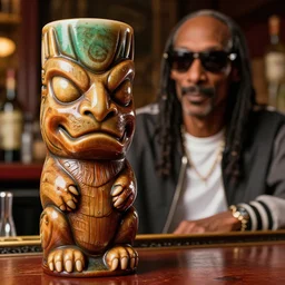 a closeup photorealistic photograph of trader vic's snoop dogg tiki mug next to snoop dogg at the bar. brightly lit scene. this 4 k hd image is trending on artstation, featured on behance, well - rendered, extra crisp, features intricate detail, epic composition and the style of unreal engine.