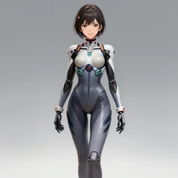 beautiful anime robot girl in a form-fitting cybernetic suit, hourglass slim figure, attractive features, full body portrait, happy smile, highly detailed, digital painting, artstation, concept art, sharp focus, illustration, art by artgerm and greg rutkowski and alphonse mucha