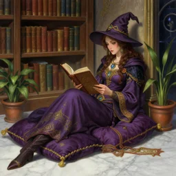 a detailed fantasy pastel portrait of a woman wizard in ornate clothing lounging on a purpur pillow on the marble floor in front of her bookcase in a room, reading an ancient tome. to the side is a potted plant. ancient retrofuturistic setting. 4 k key art. raytracing, by chie yoshii and yoshitaka amano.