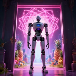 beautiful tall robot facing a doorway opening with neon pink geometric fractal light + a portal to a vaporwave world, flowering pineapples, transcendent, clean linework, dramatic, finely detailed, 4 k, trending on artstation, photorealistic, volumetric lighting, octane render