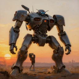 epic painting of a realistic four - legged battle robot, sunset