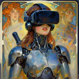 portrait illustration of a beautiful mech girl wearing a vr headset in the style of alphonse mucha and james jean and craig mullins, vibrant brushwork, mysterious lighting, atmospheric lighting, chiaroscuro