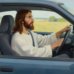 hyperrealism painting of jesus driving a car