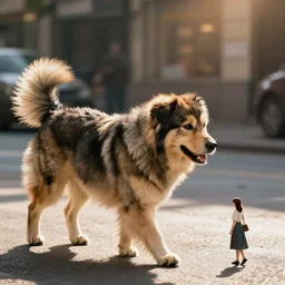 a big dog walking a small woman on the street