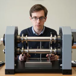 A random pointless contraption pneumatic machine with no apparent purpose, being operated by a scholarly looking man with a clear directed gaze, XF IQ4, f/1.4, ISO 200, 1/160s, 8K, RAW, unedited, symmetrical balance, in-frame